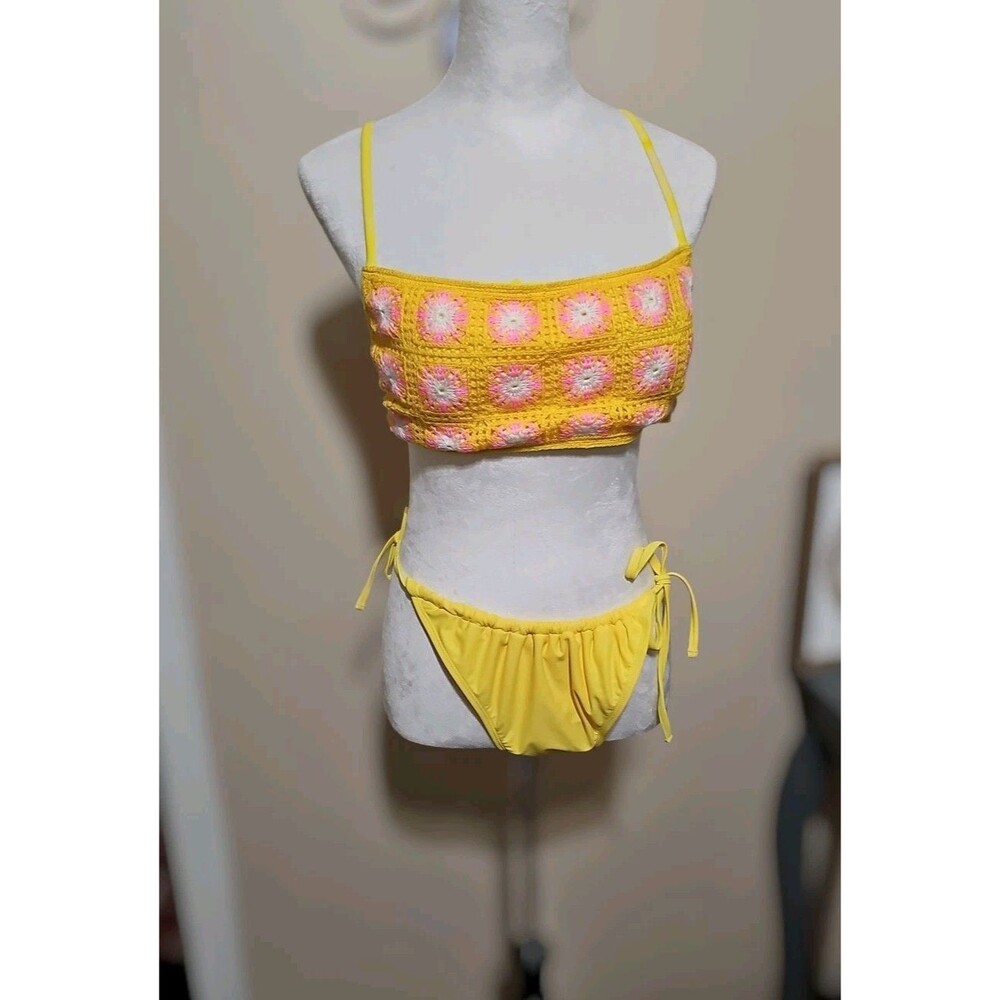 Wild Fable  Womens Bikini Set  Top Bandeau Crochet Yellow & Pink  Size XL - Picture 2 of 10